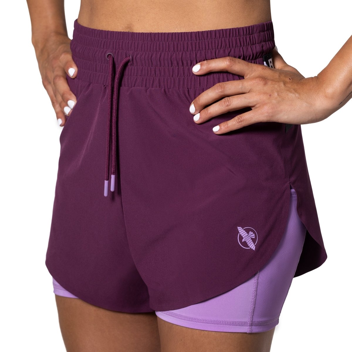 Front view of the Hayabusa women's double layer shorts in wine color with logo