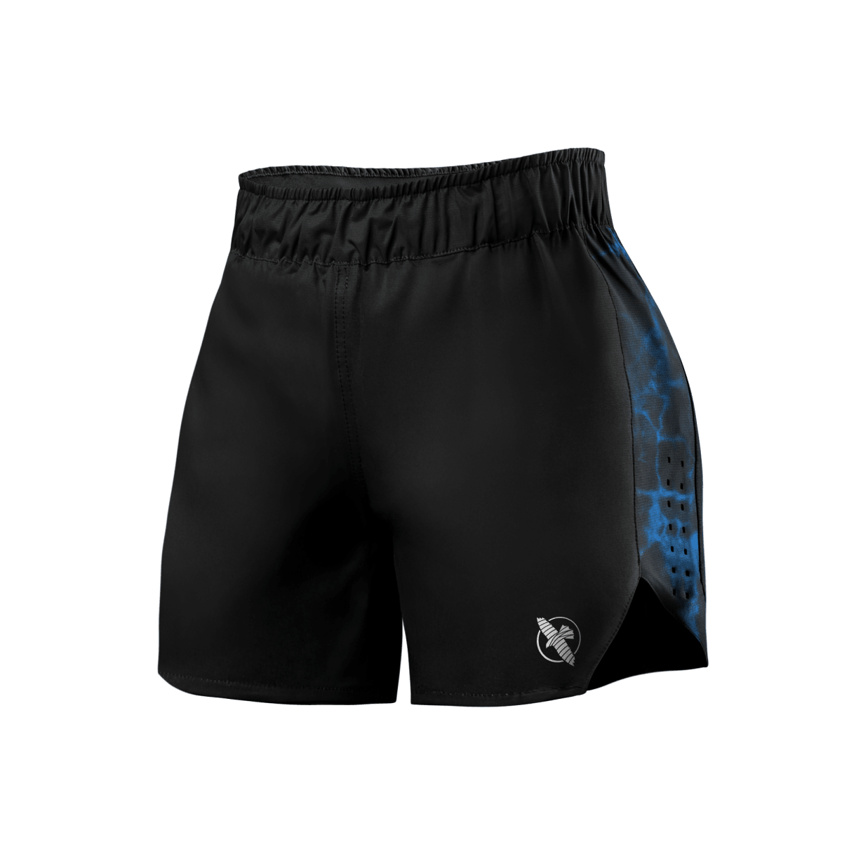 Front view of the women's UFC BJJ shorts in black with blue details, lightweight fabric for grappling