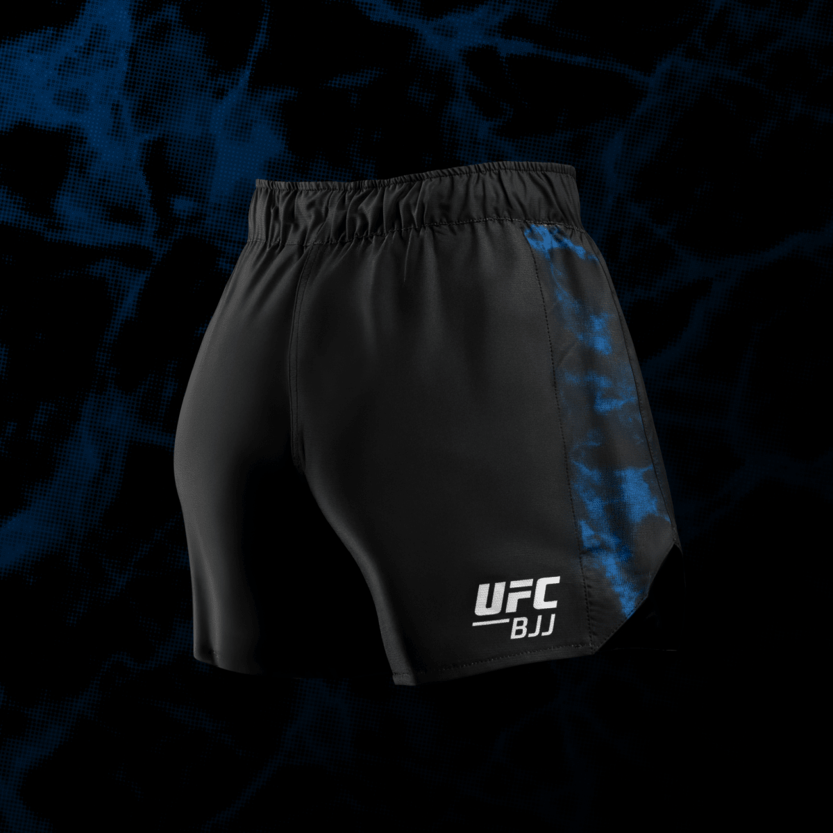 Rear view of the women's UFC BJJ shorts black/blue, cut optimized for No-Gi and Jiu-Jitsu