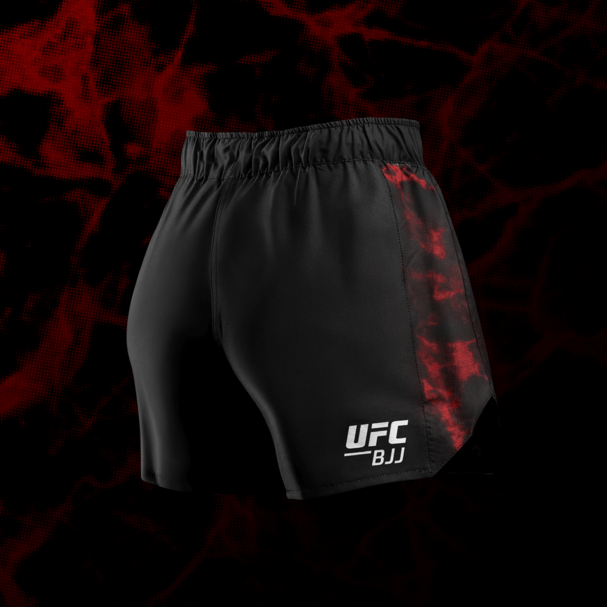 Rear view of the UFC BJJ shorts women black/red, laser-cut ventilation system
