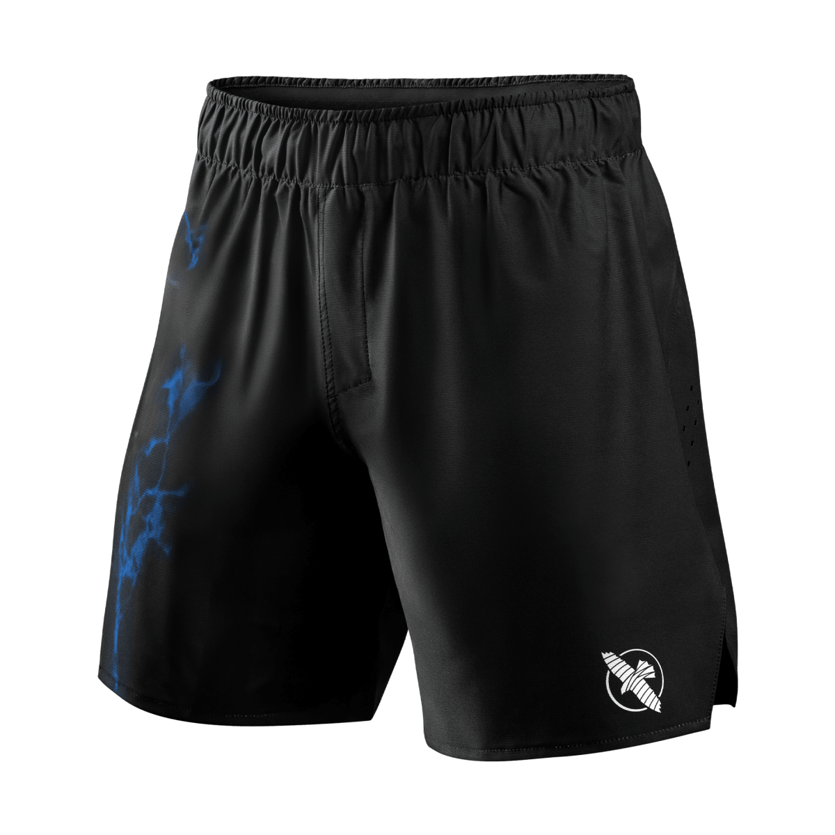 Front view of the official UFC BJJ grappling shorts in black with blue details and drawstring closure