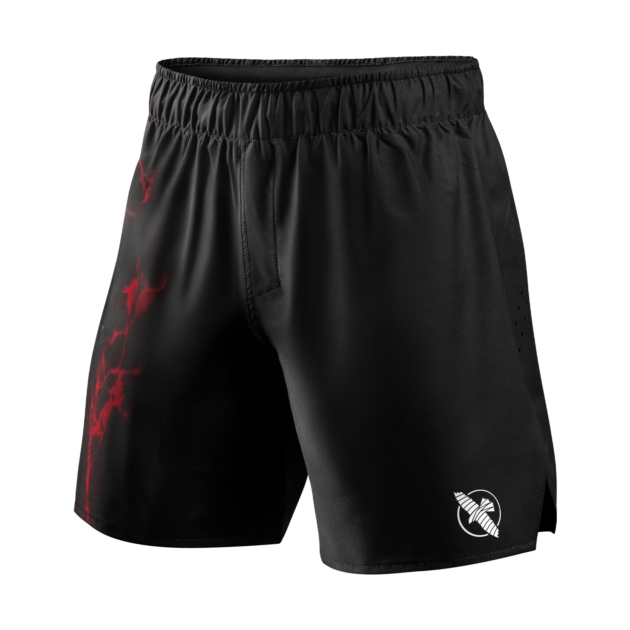 Vista frontale dei pantaloncini ufficiali UFC BJJ grappling neri con dettagli rossi e girovita adattivo