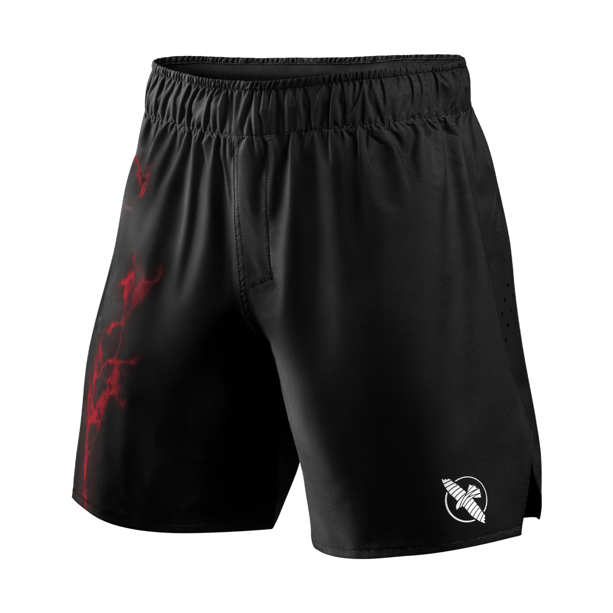 Vooraanzicht van de officiële UFC BJJ-worstelshort in zwart met rode details en adaptieve tailleband
