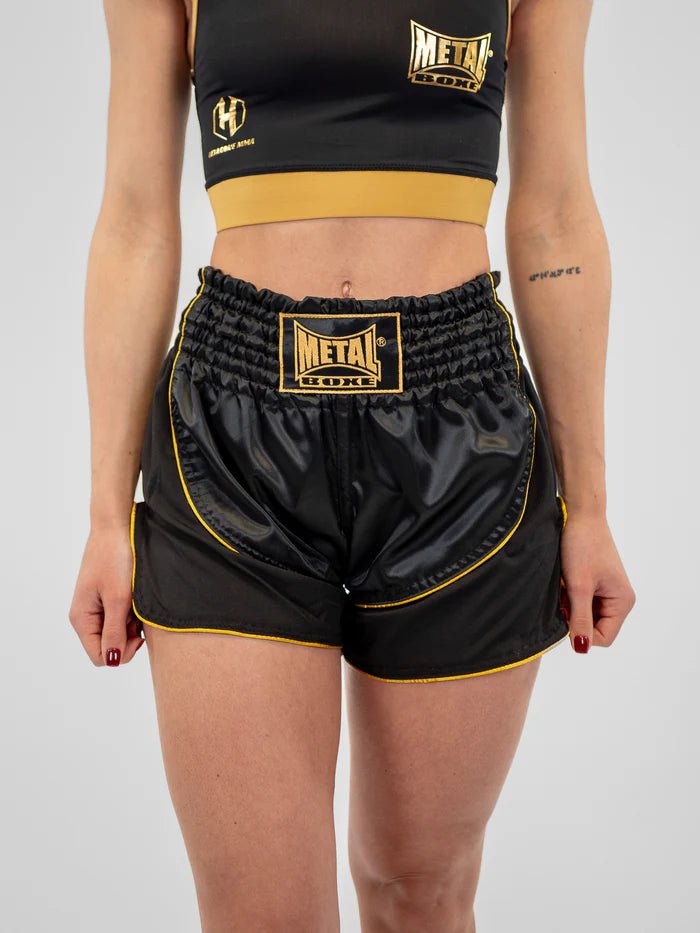 Front view women's Kickboxing shorts Metal Boxe Siam black gold in satin