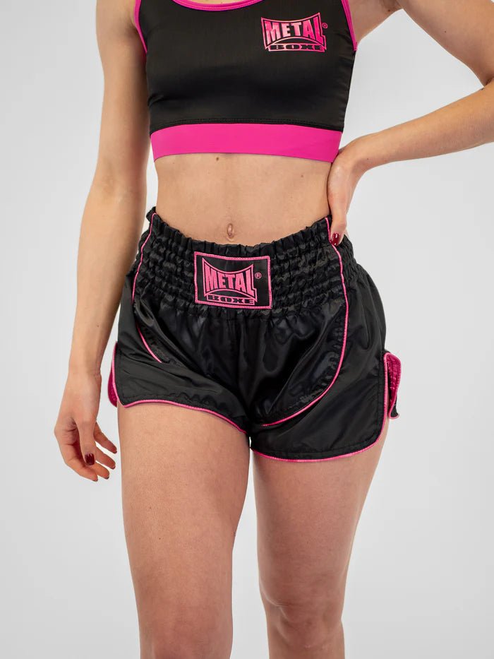 Main front view Muay Thai shorts women Metal Boxing Siam black purple