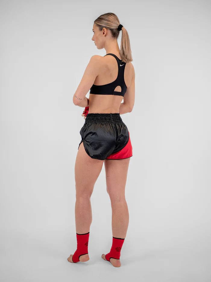 Rear view Metal Boxing Warrior combat shorts black red high elastic band