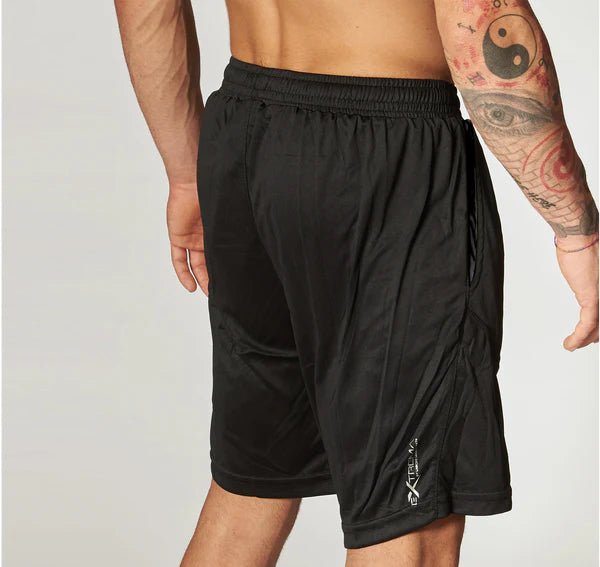 Rear view of the black Leone 1947 Logo Cool Touch shorts with a clean design