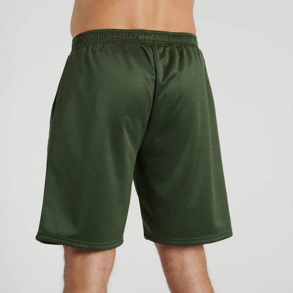 Rear view of the green Leone 1947 shorts highlighting the finish of the technical fabric