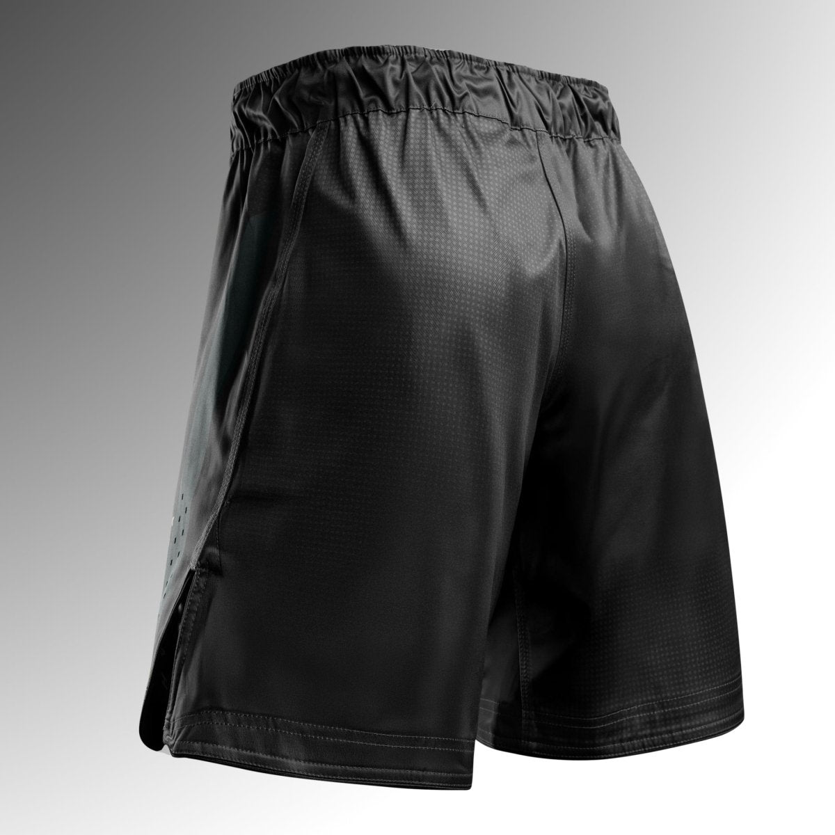 Achteraanzicht van de zwarte Hayabusa Core MMA-shorts over de volledige lengte, klassieke snit in lange boardshort-stijl