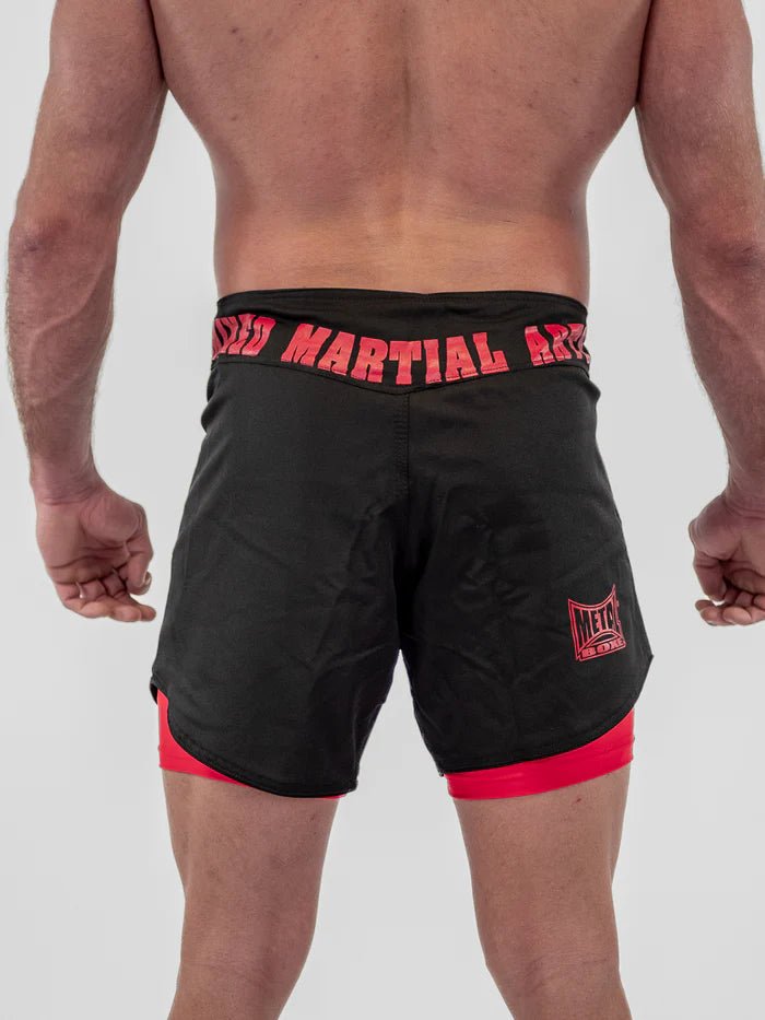 Rear view Metal Boxing Dual fight shorts black red