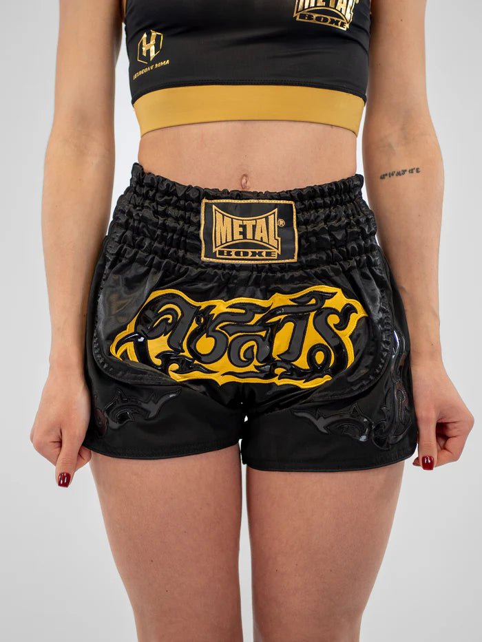 Main Front View Women's Muay Thai Shorts Metal Boxing Lumpinee Black