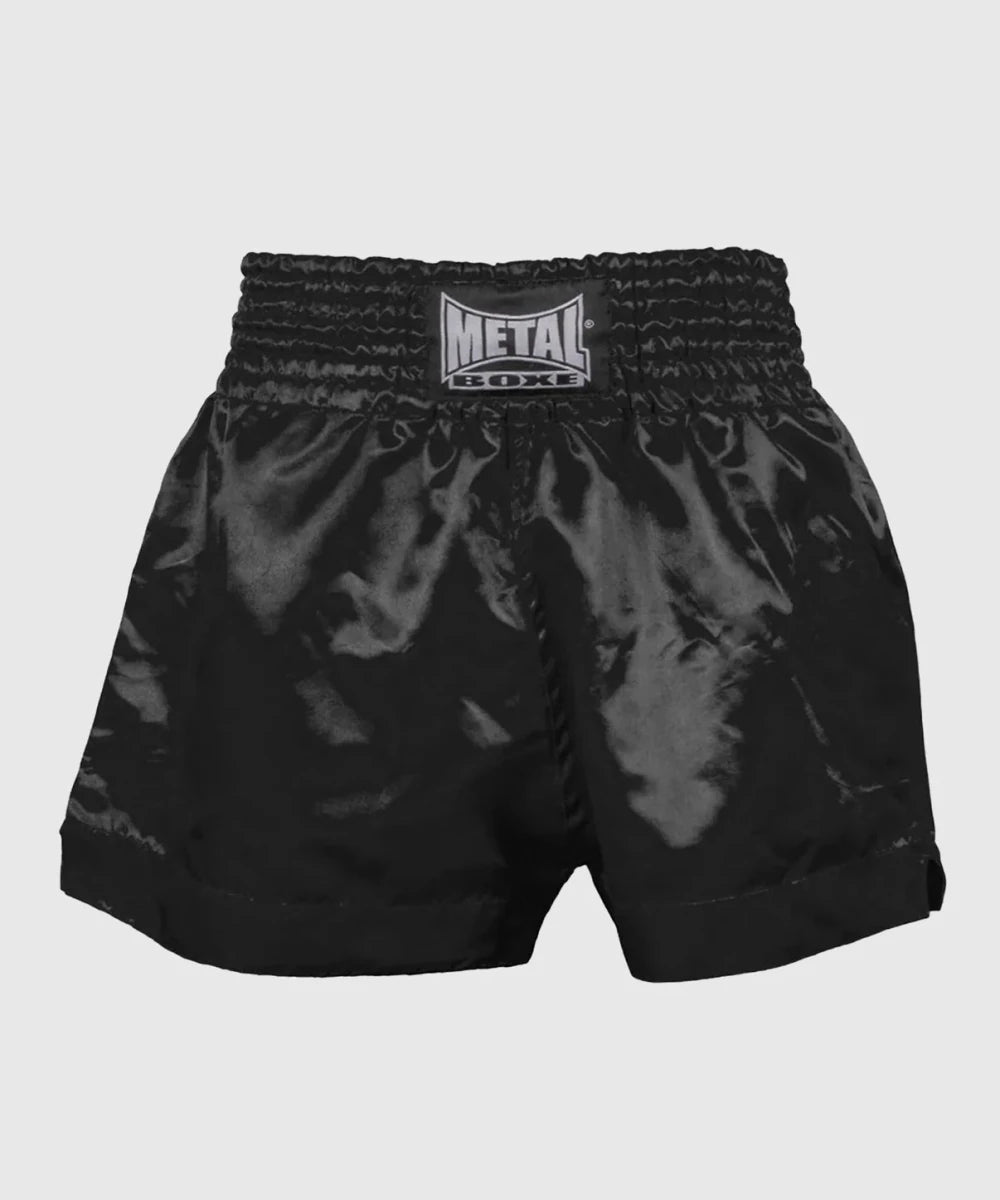 Vue de face short de boxe Muay Thai et Kickboxing Metal en satin noir