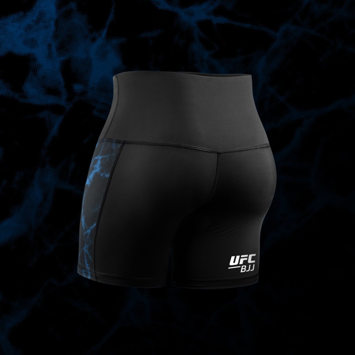 Achteraanzicht van de zwart-blauwe Vale Tudo UFC damesshort met siliconen elastiek