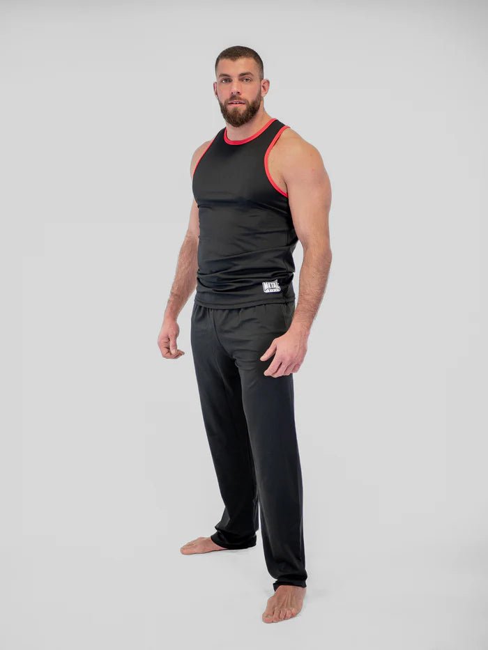 Front view black Savate Metal Boxing pants in elastic lycra for training