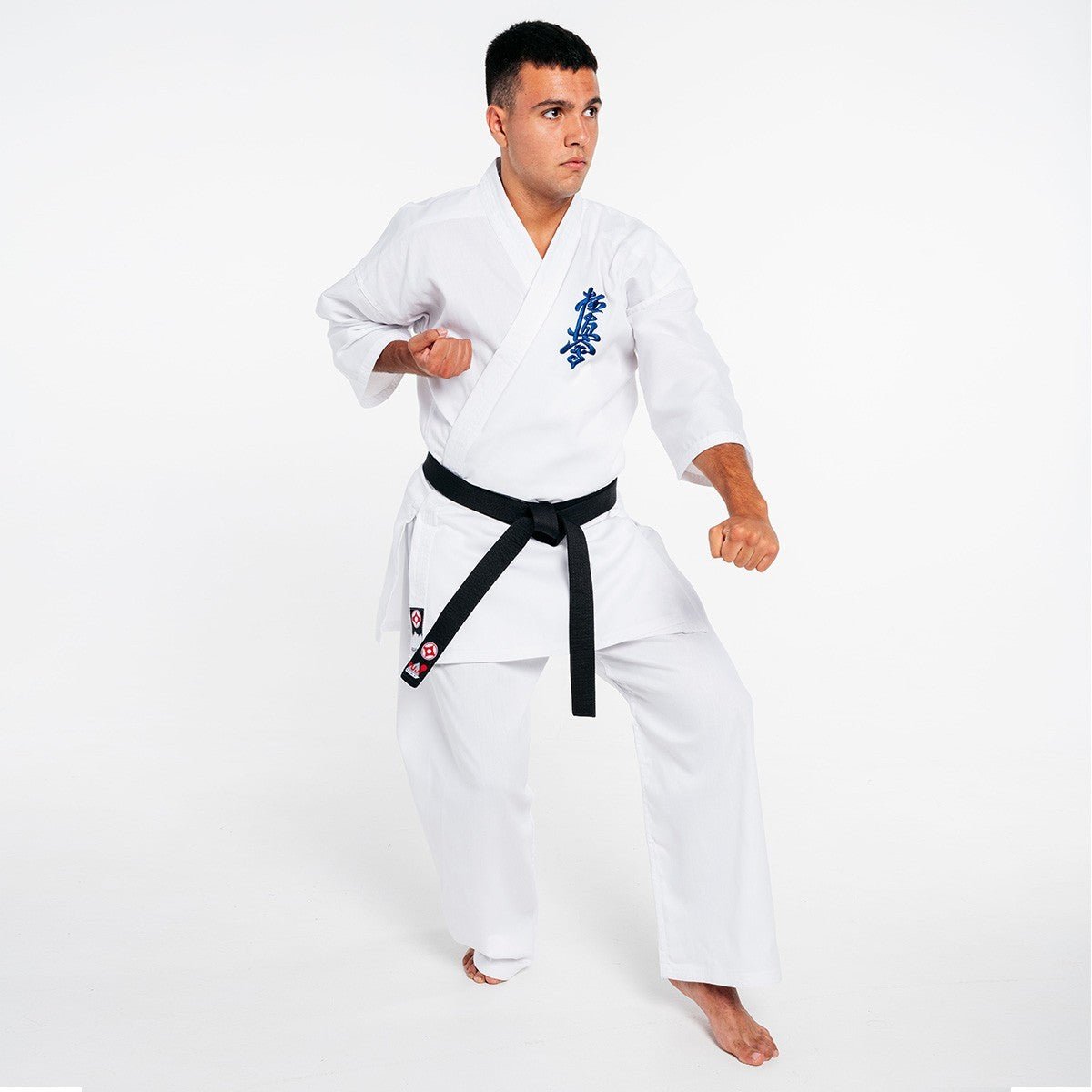 White Kyokushin Fujimae Basic Karate Kimono for Beginners, Full Front View.