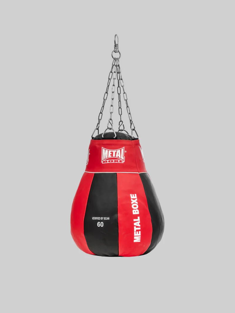 Vooraanzicht van de Metal Boxing Club Line uppercut peer in rood en zwart, ideaal voor hooks en uppercuts