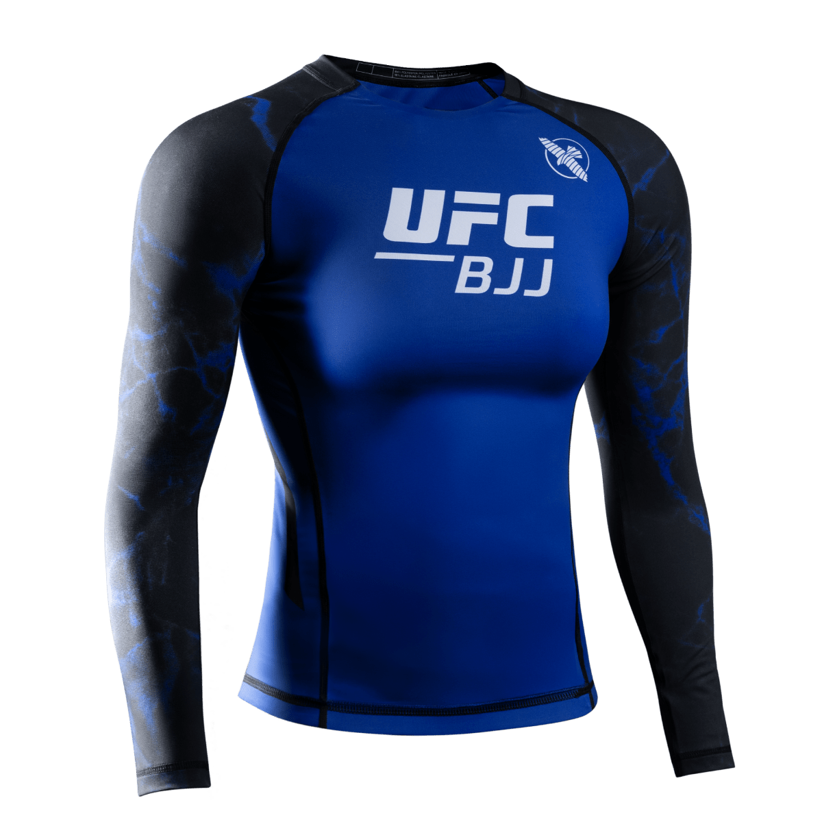 Framifrån av UFC BJJ långärmat utslagsskydd för damer i svart med blå accenter, perfekt för tävlingsinriktad grappling