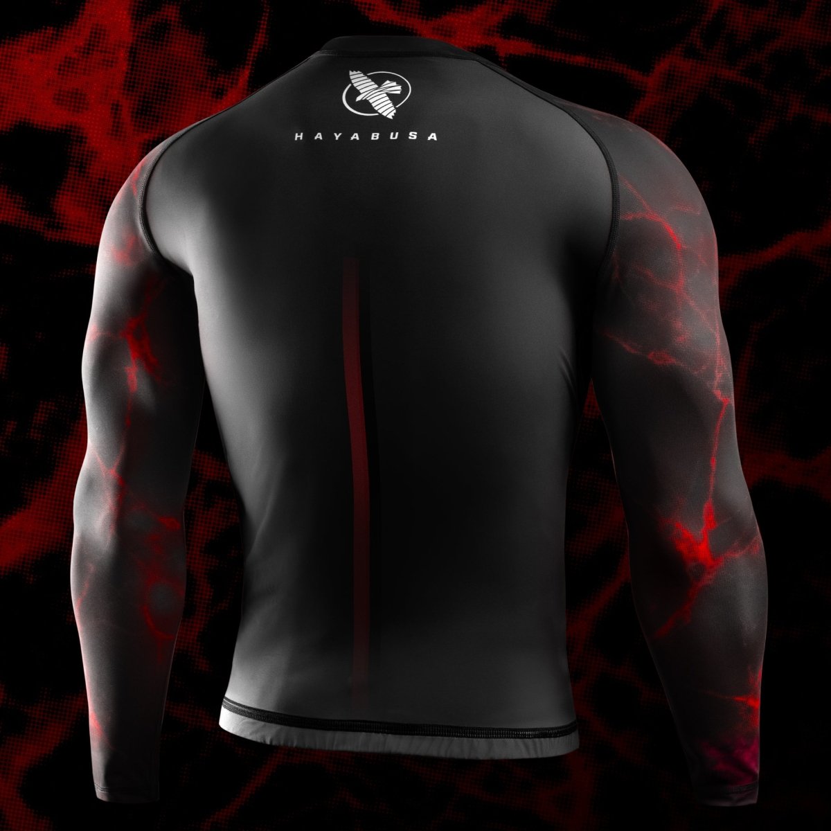 Rear view of the black and red UFC BJJ rash guard, highlighting the reinforced flat seams