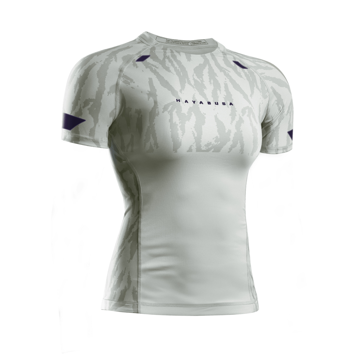 Framifrån av beige Hayabusa Apex rashguard för kvinnor med korta ärmar, tekniskt tyg för BJJ och MMA