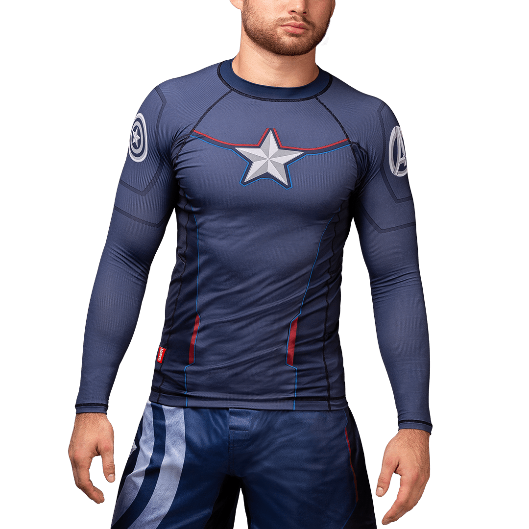 Vedere frontală a dispozitivului Hayabusa Marvel Captain America cu mânecă lungă, cu design stea