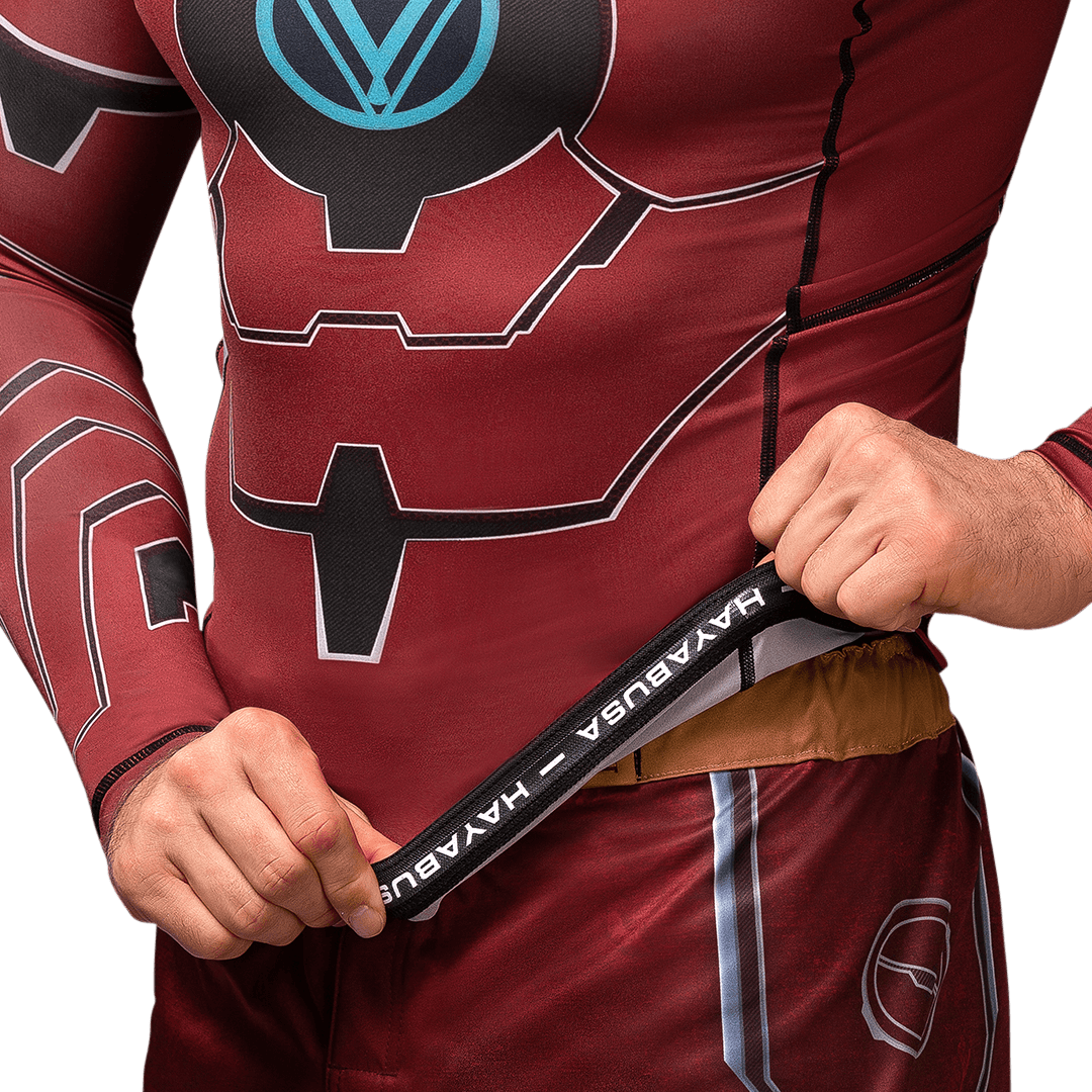 Detail of the Hayabusa writing printed inside the collar of the Marvel Iron Man rashguard