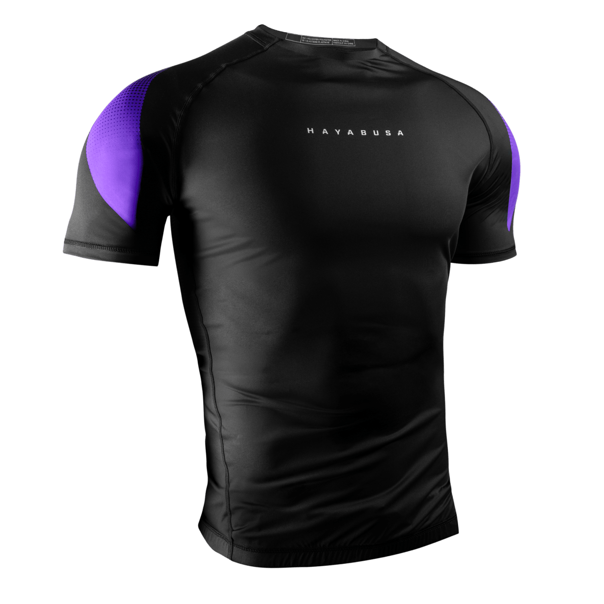 Tampak depan Rashguard lengan pendek Hayabusa Pro Peringkat ungu, ideal untuk turnamen resmi Jiu-Jitsu