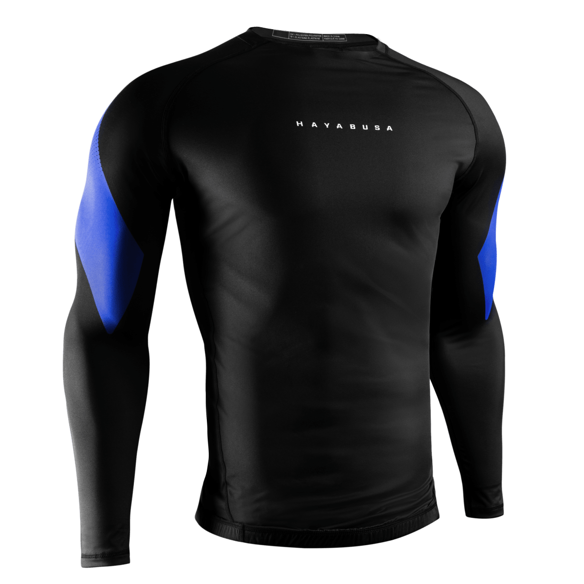 Front view of the blue Hayabusa Pro Ranked rashguard, compression fit for blue belts