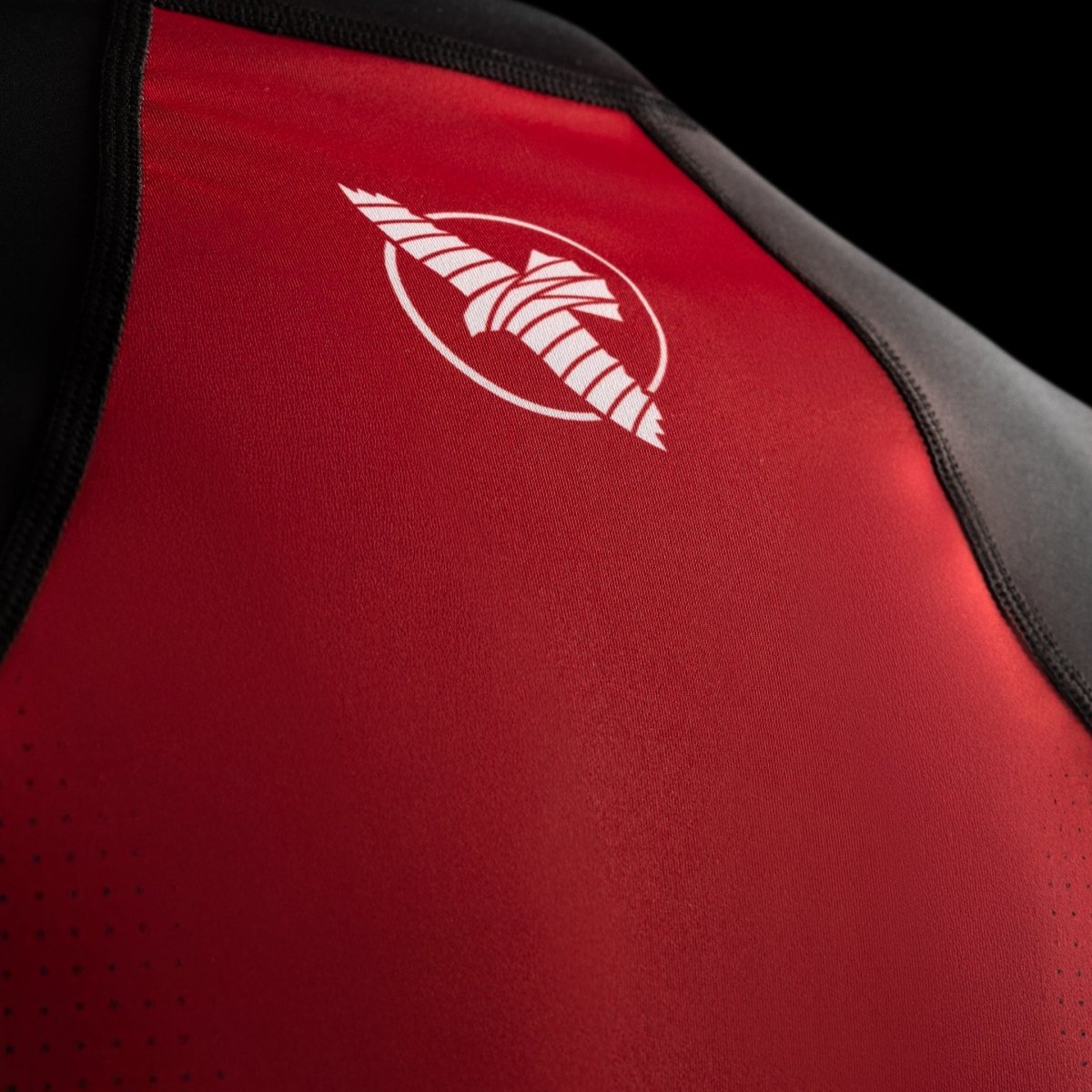 Close-up of the Hayabusa logo on the black Pro Ranked rashguard for competitive BJJ