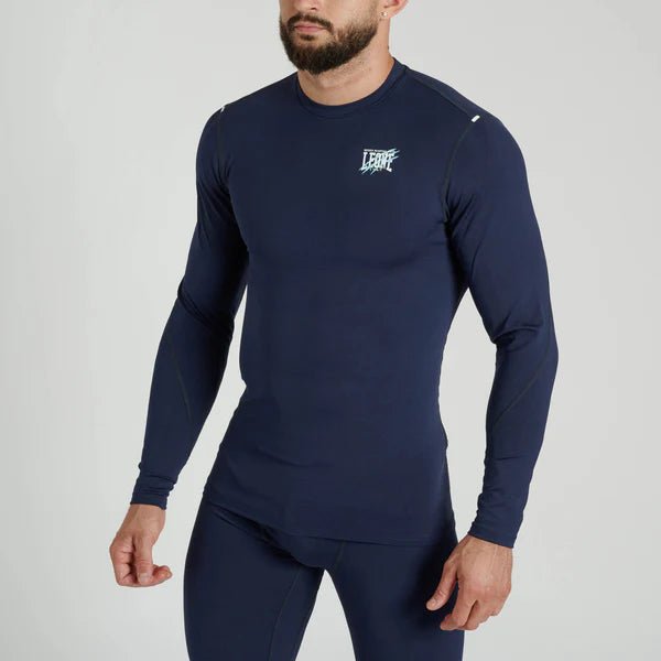 Front view of the blue Leone Primal Instinct long sleeve rashguard for MMA