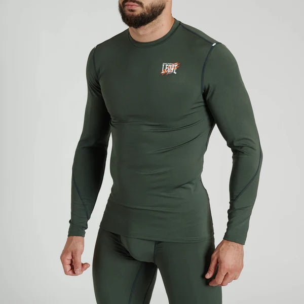 Front view of the green Leone Primal Instinct long sleeve rashguard
