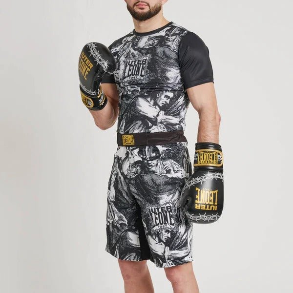Komplett LEONE x IUTER fighting outfit med rashguard, shorts och boxningshandskar