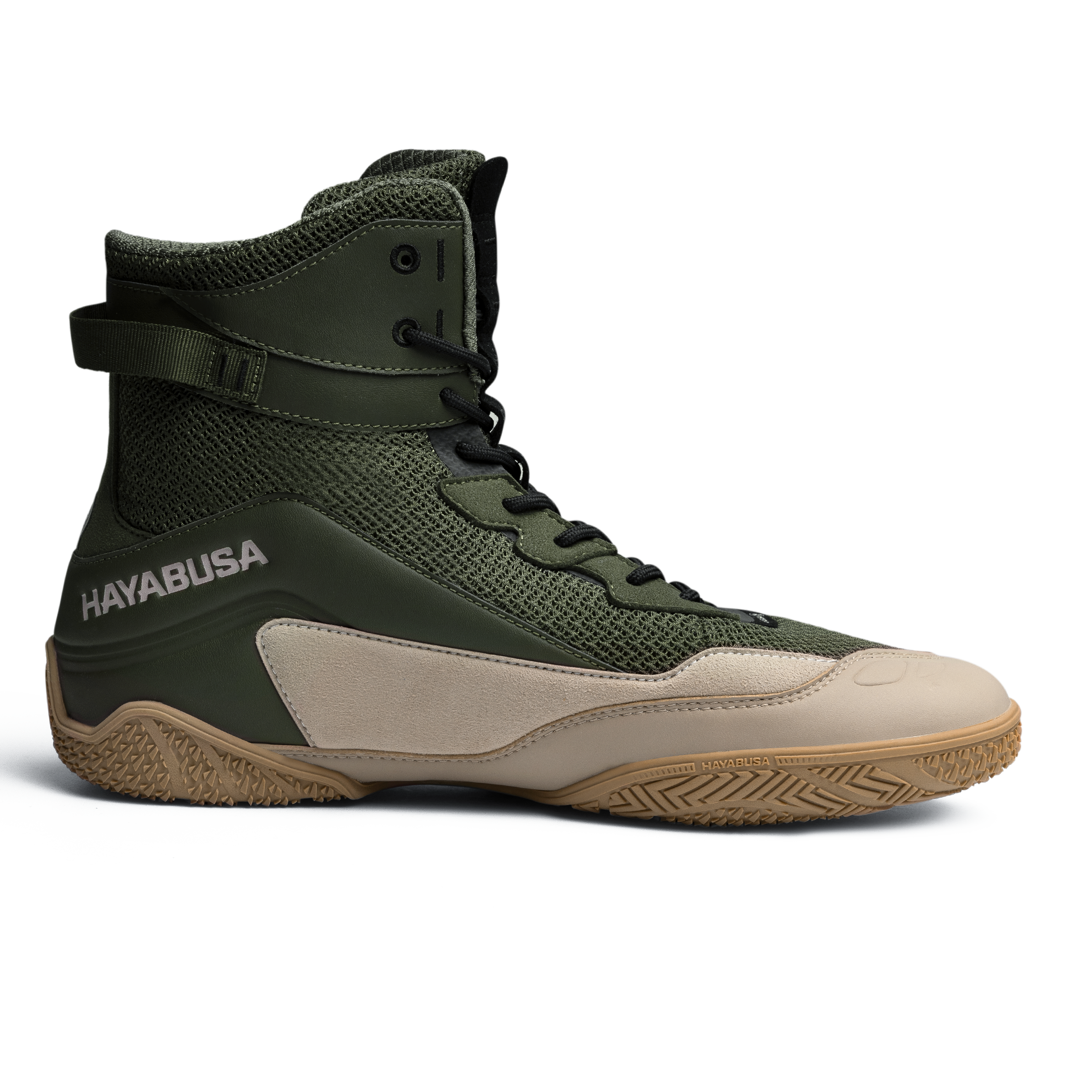 Dettaglio della suola in gomma ad alta trazione delle scarpe Hayabusa Talon verde marrone