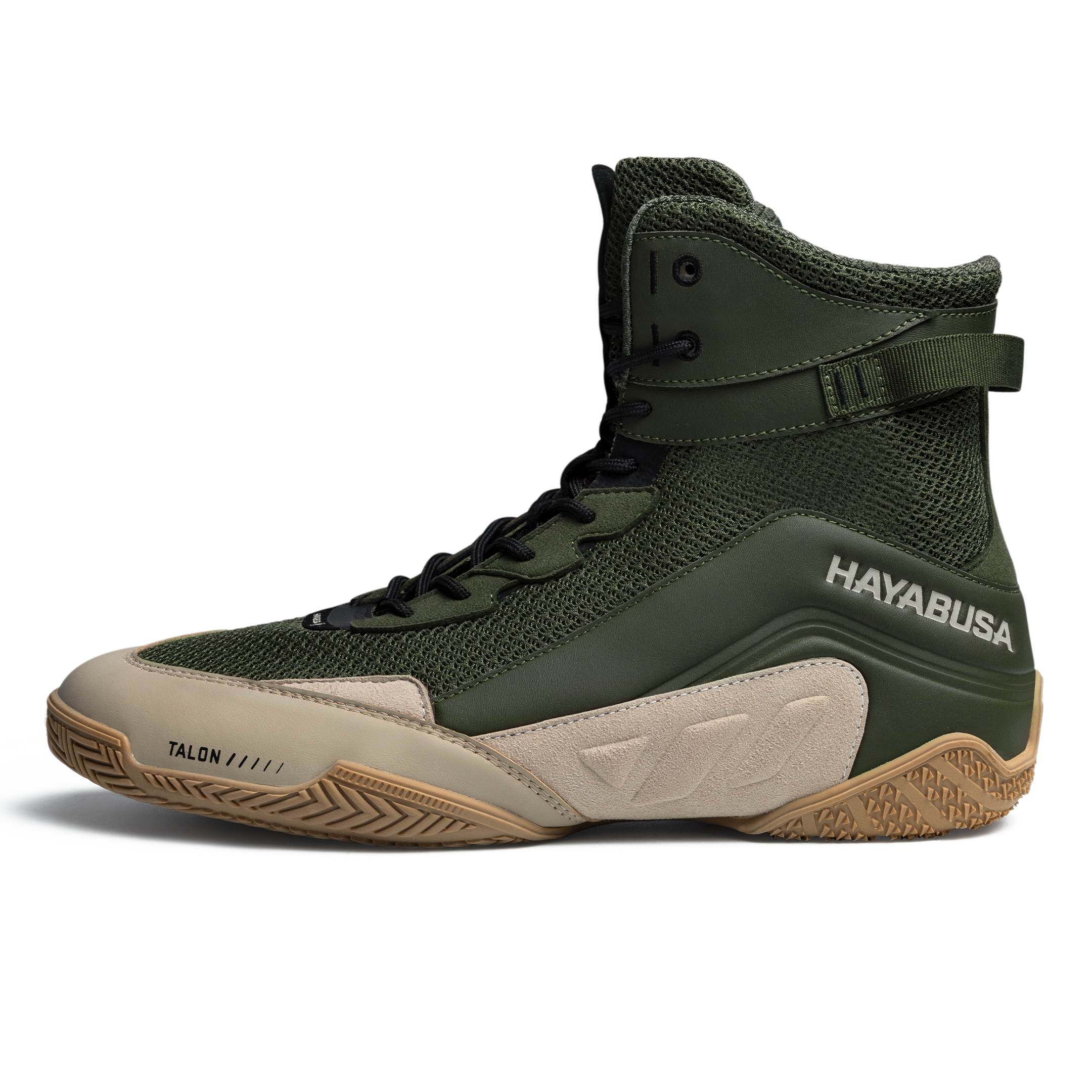 Dettaglio dei materiali in pelle microfibra e mesh delle scarpe Hayabusa Talon verde marrone