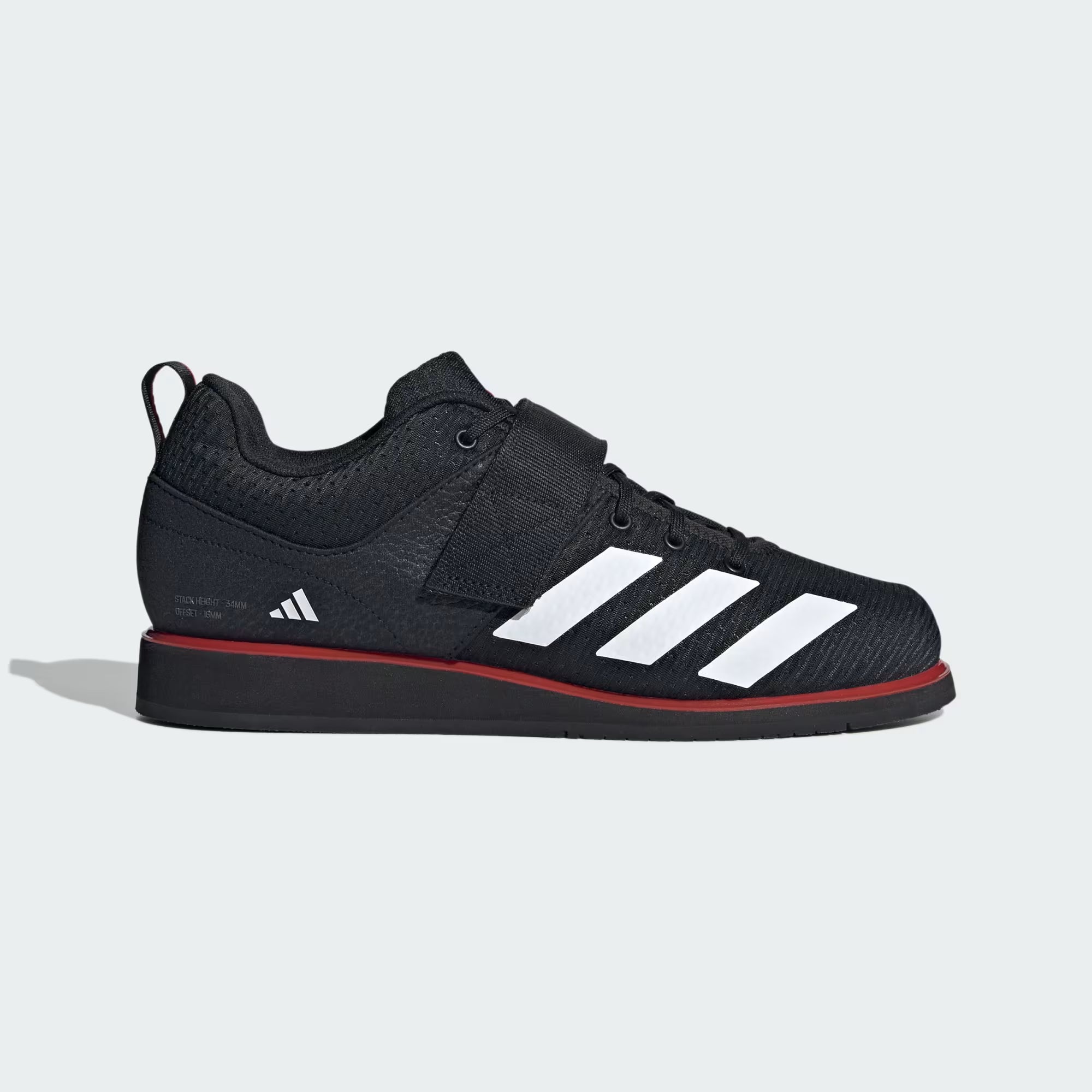 Vista laterale scarpe Powerlift 5 nere, dettaglio del drop di 15 mm e intersuola rialzata
