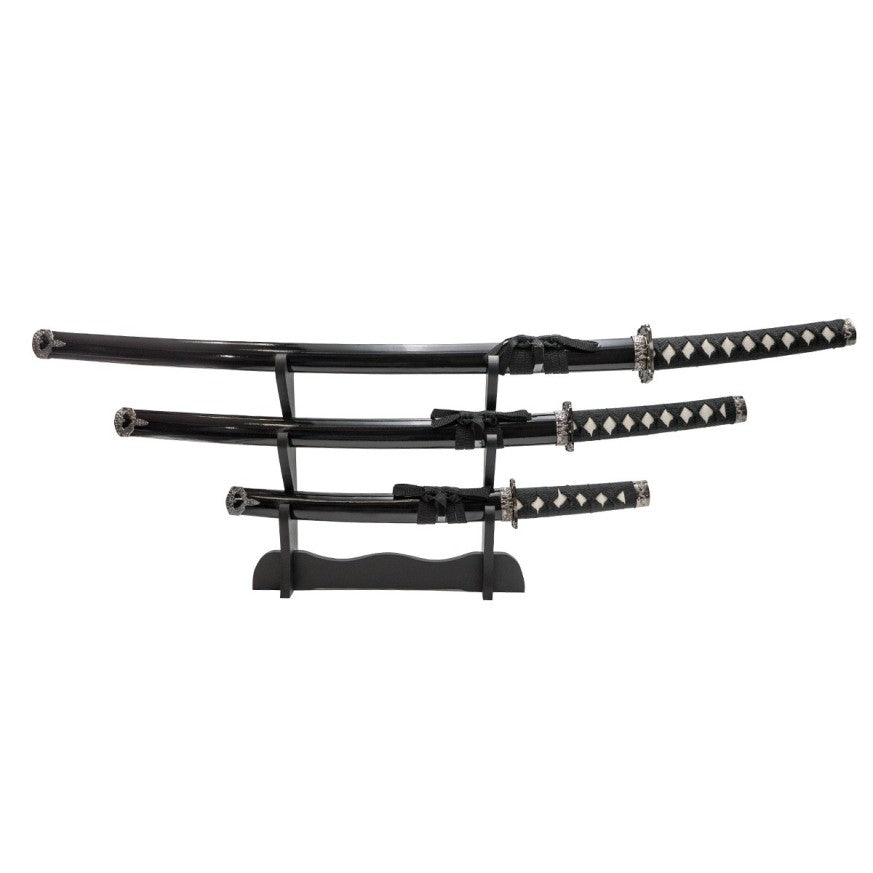 Set of 3 Black Decorative Katanas with Stand