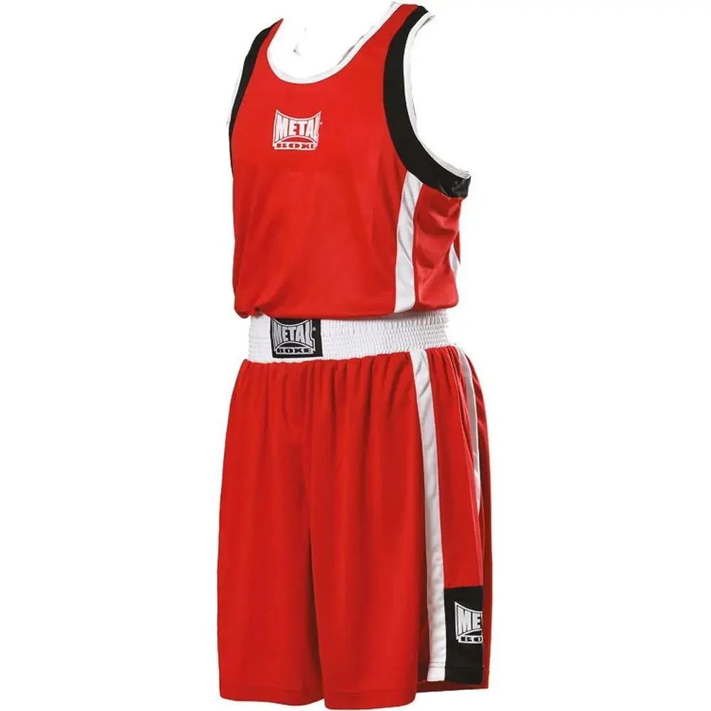 Pohled zepředu na dětský boxerský set Metal Boxe červené tílko a kraťasy