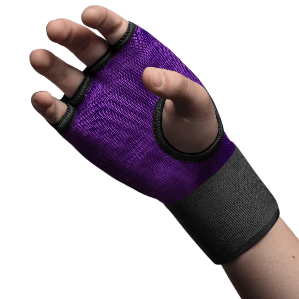 Close-up detail of the gel-padded knuckles of the purple Hayabusa liner worn