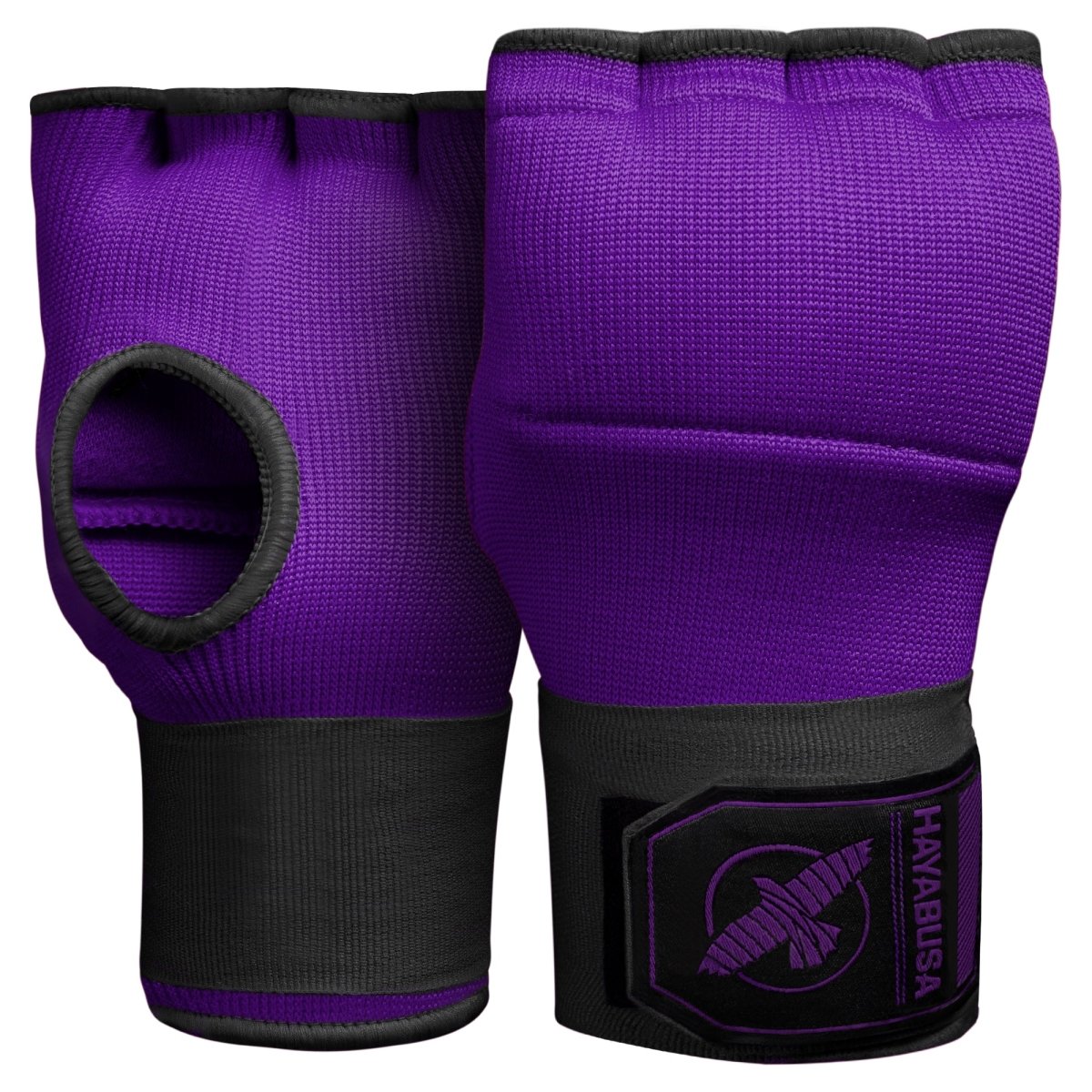 Pair of purple and black Hayabusa Quick Wraps gel liners, front view