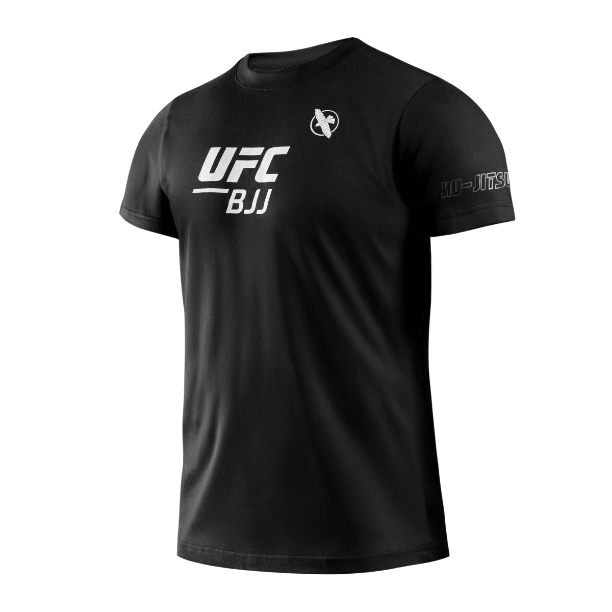 Front view of the black Hayabusa UFC BJJ unisex t-shirt, with the official 'UFC BJJ' logo printed on the chest