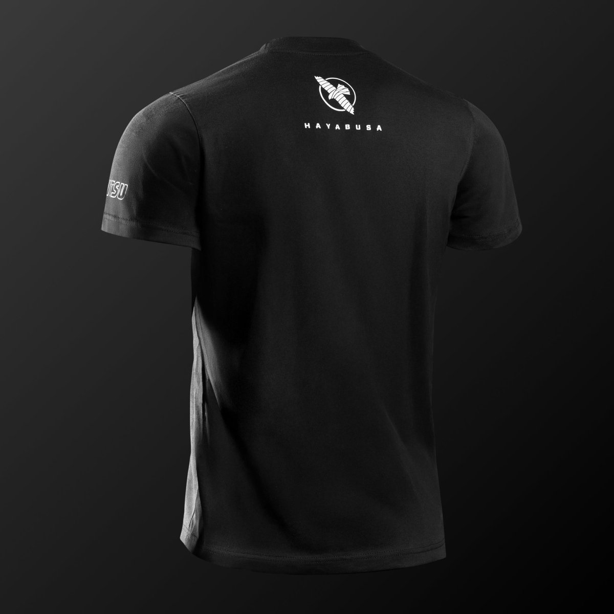 Rear view of the black Hayabusa UFC BJJ t-shirt, minimalist design and athletic cut for training
