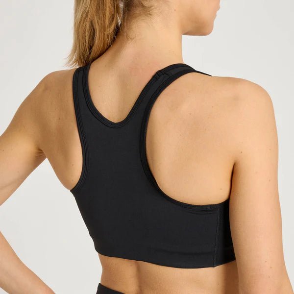 Rear view of the black Leone Logo technical bra showing the sporty fit