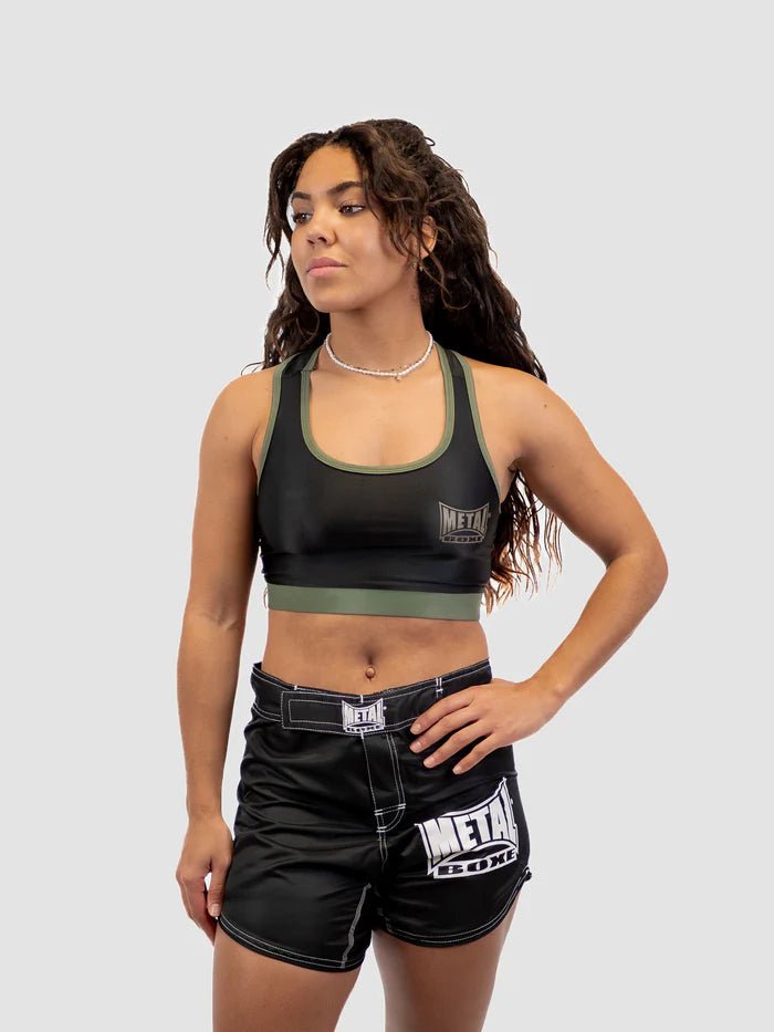 Front view Metal Boxe black and khaki military style sports top