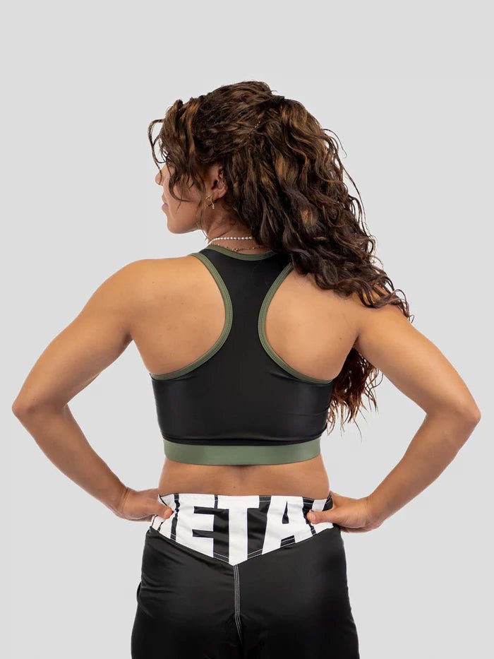 Rear view sports bra Metal Boxing black khaki elasticity and comfort