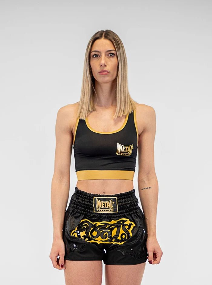 Front view black and gold Metal Boxing sports top in lycra for training