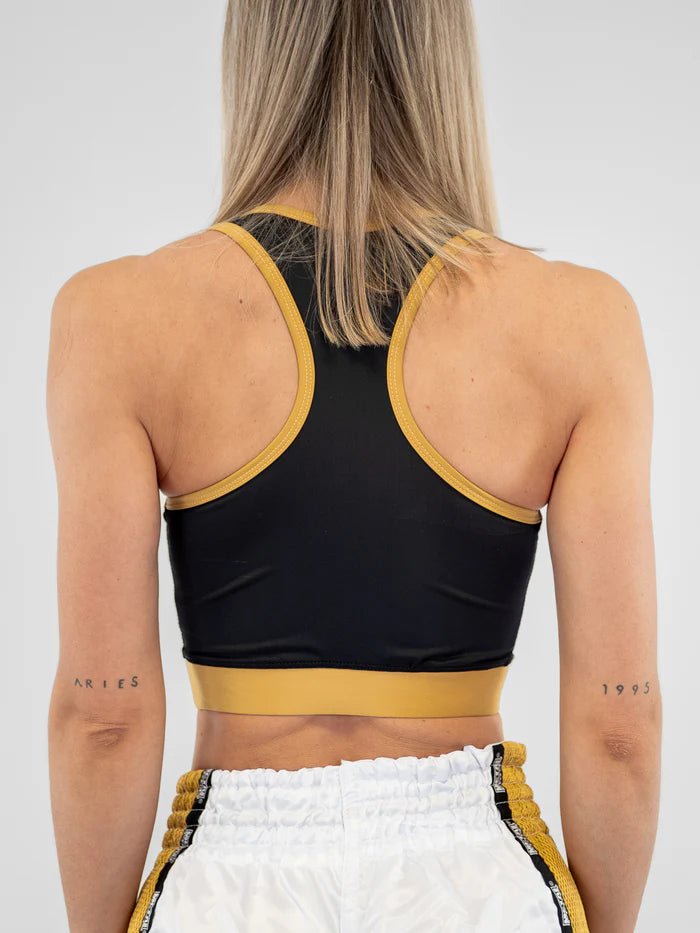 Rear view Metal Boxing sports bra, black gold, ergonomic cross detail
