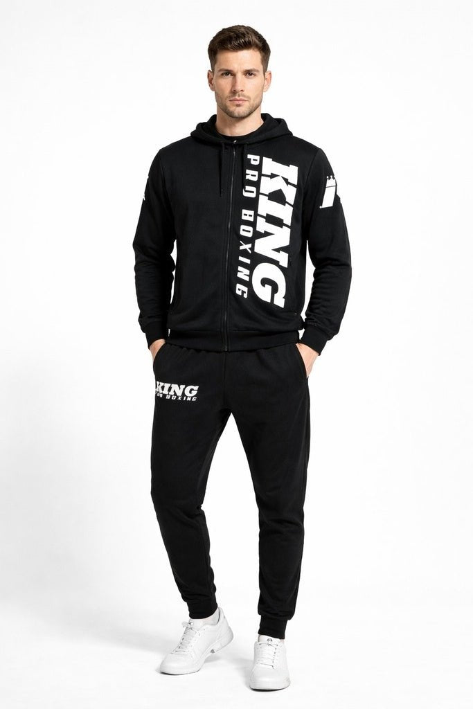 King Pro Boxing REVO black complete suit with hood and front logo.