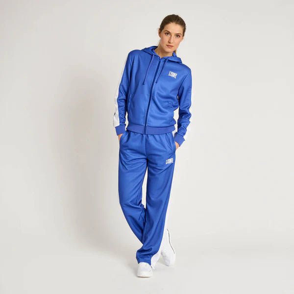Full front view of the Leone Stripe women's tracksuit in blue