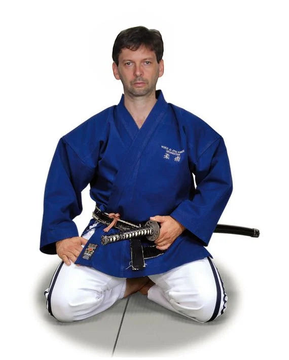 Itaki Master Jujitsu uniform complete with blue jacket and trousers with WJJF side stripes