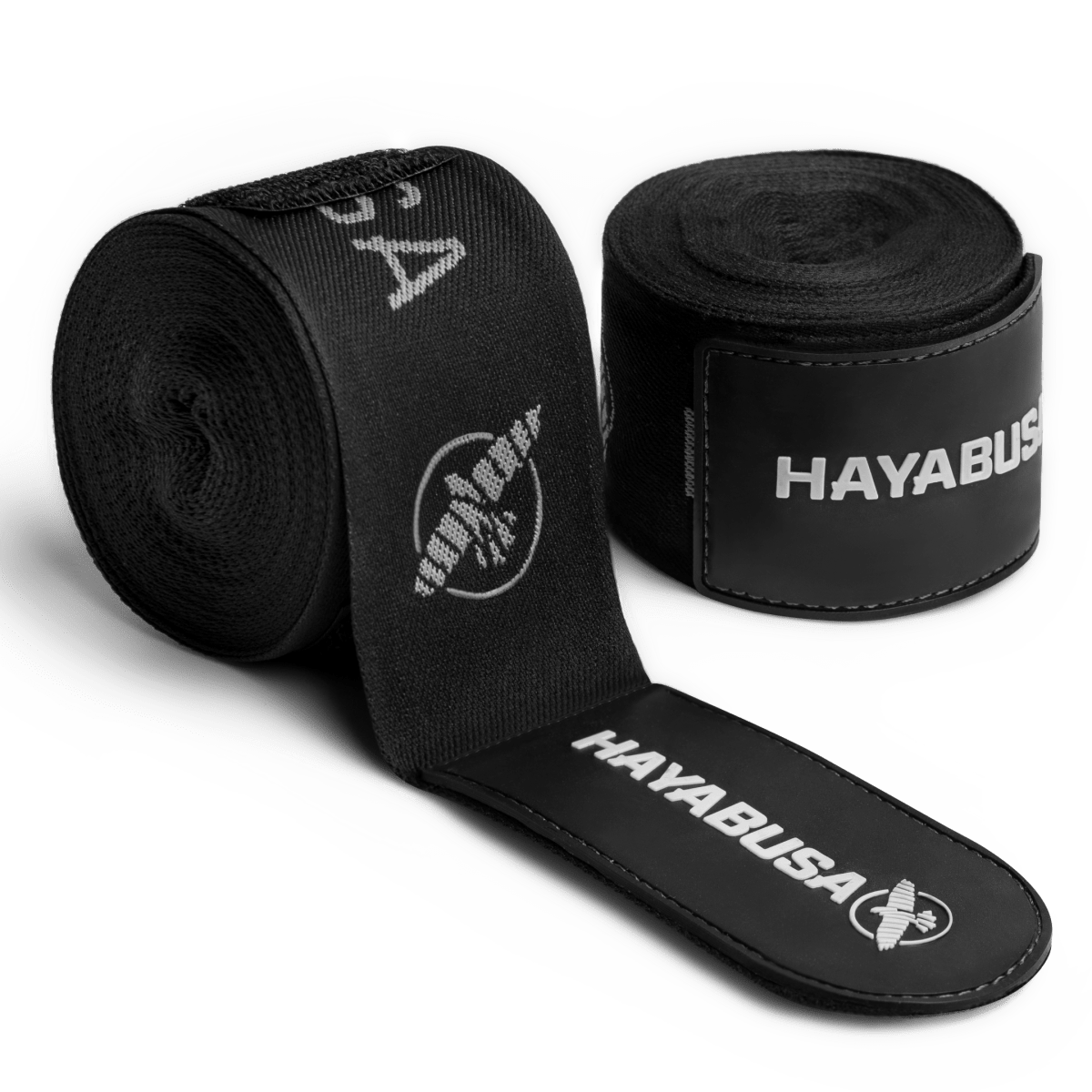 Par de bandagens de boxe Hayabusa Deluxe pretas enroladas com fecho de borracha reforçado