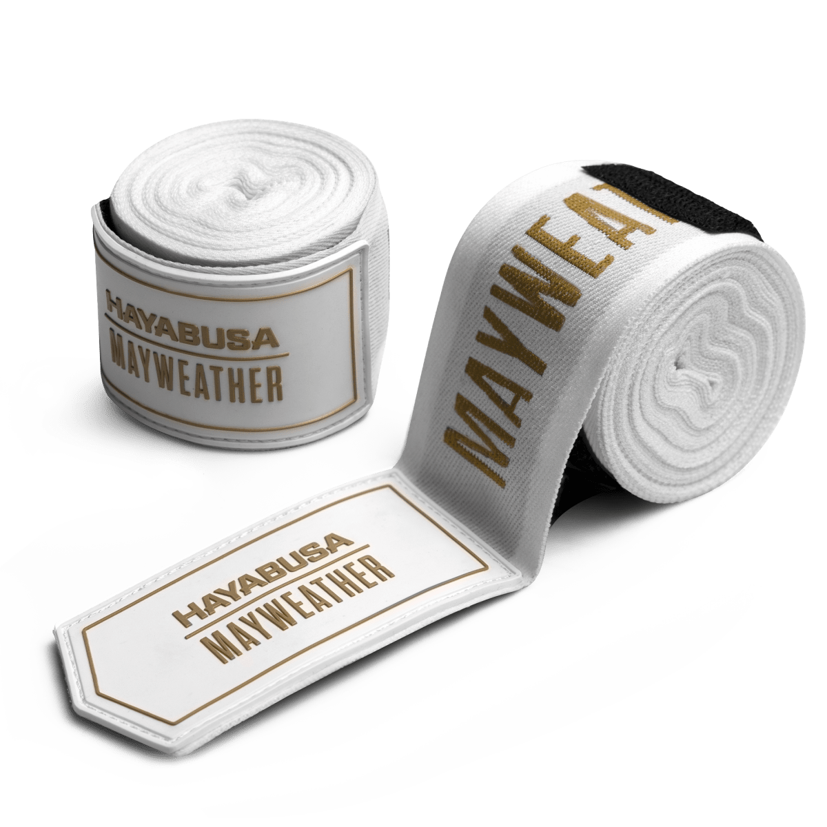 Par de bandagens de boxe Mayweather enroladas de 180 polegadas Deluxe brancas e douradas, vista principal
